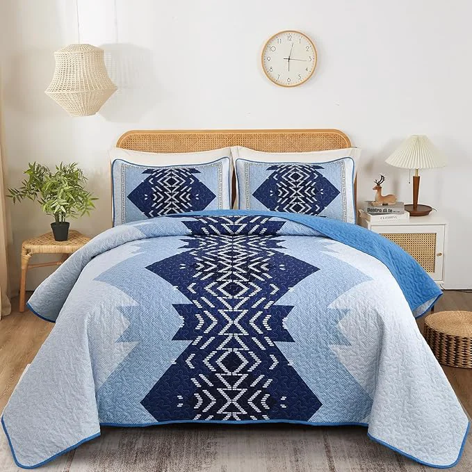 Effective Dintszyayue Boho Quilt Set King Size Blue Bedspread 3 Pieces Geometric Aztec Pattern Bedding Coverlet Set Bohemian Quilt Bedding Set Soft Microfiber Quilt Bed Spread for All Season Blue 90 quot x103 quot Fine Crafted