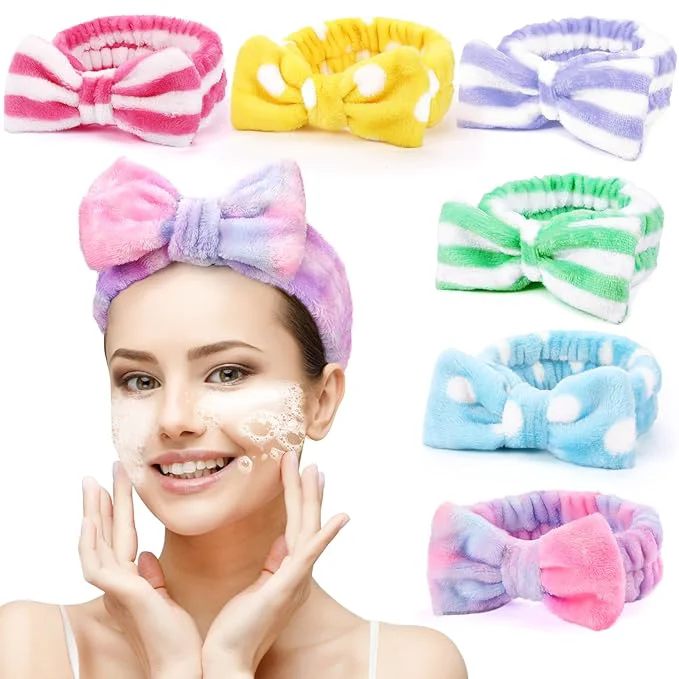 Recyclable 6 Pack Spa Headband for Women Skincare Makeup Headband Soft Coral Fleece Bow Trendy
