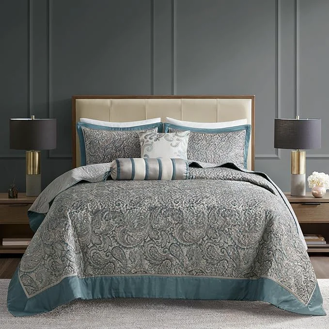 Advanced Madison Park Aubrey Reversible Quilted Bedspread Set Solid Reverse Summer Breathable Lightweight All Season Bedding Layer Matching Shams Bedspread Queen 102 quot x118 quot Teal 5 Piece High-Grade