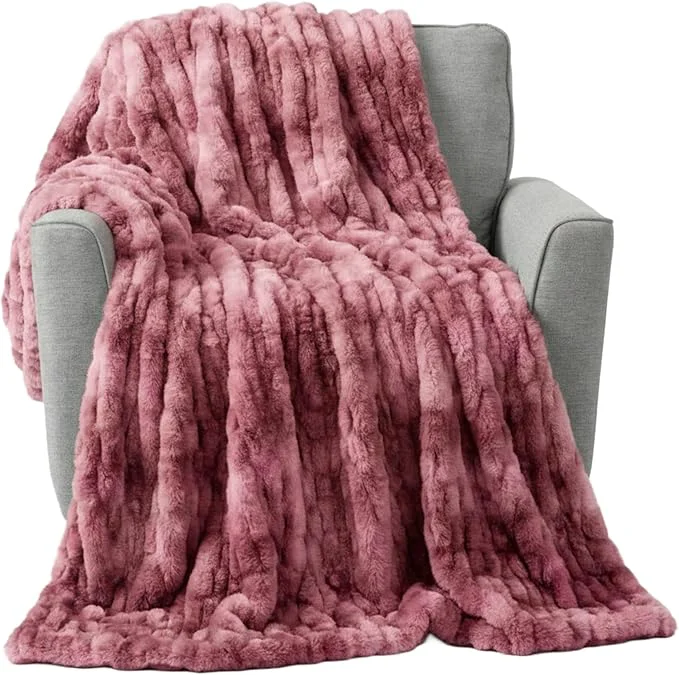 Safe Lavish Home Oversized Ruched Faux Fur Blanket – 60×80-Inch Plush Polyester Faux Fur Queen-Size Throw for Sofas and Beds – Luxurious Bedding Pink Green