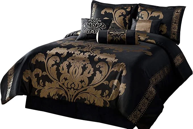 Powerful Chezmoi Collection 7-Piece Jacquard Floral Comforter Set Bed-in-a-Bag Set King Black Gold Traditional