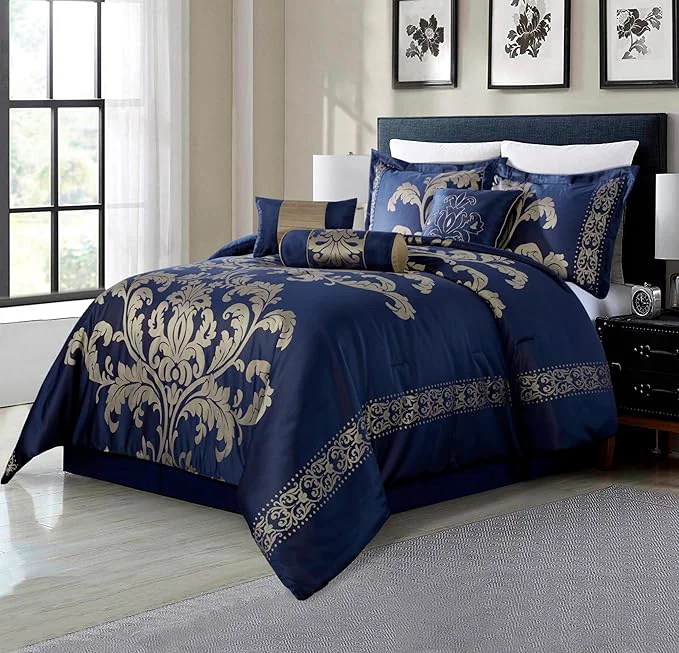 Outstanding Chezmoi Collection Royale 7-Piece Jacquard Floral Comforter Set Oversized King Navy Gold Convenient