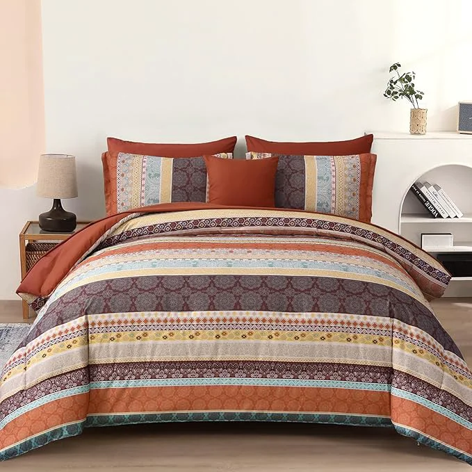 Eco-Friendly Cottolester Boho Comforter Set King Size 8 Pieces Red and Orange Bohemian Striped Bed in a Bag Paisley Soft Microfiber Bedding Comforter Set Casual