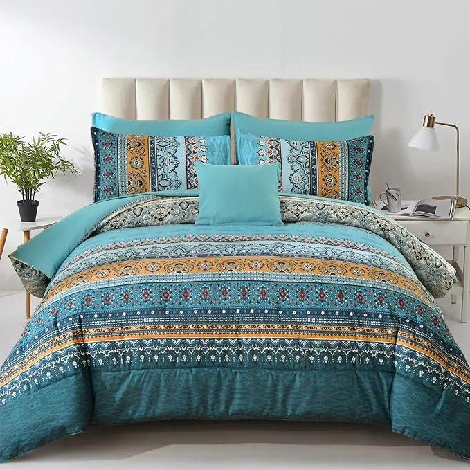 Pure Cottolester Boho King Comforter Set 8 Pieces Teal and Yellow Bohemian Comforter Paisley Striped Bed in A Bag Soft Microfiber Bedding Set for All Season Elite