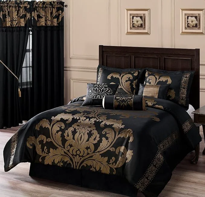 Breathable Chezmoi Collection Royale 7-Piece Jacquard Floral Comforter Set Oversized King Black Gold Premium