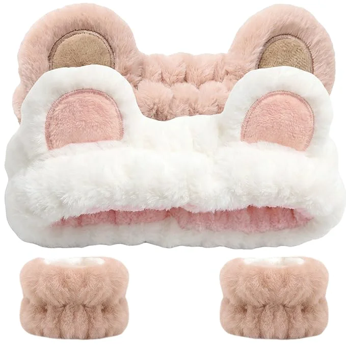 Traditional Bear Ears Headband Cute Spa Headband and Wristband Set Washing Face Skincare High-Quality
