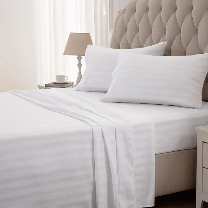 Selected SLEEP ZONE Striped Cooling Sheets Set Full Size – Fitted Flat Sheet amp Pillowcase Sets 4 Piece – Super Soft Stripe Bed Sheet Easy Care Deep Pocket White Full Natural