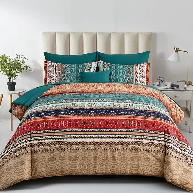 World-Class Boho Comforter Set California King Size 8 Pieces Green and Brown Bohemian Striped Bed in a Bag Floral Soft Microfiber Bedding Comforter Set for All Seasons Original Design