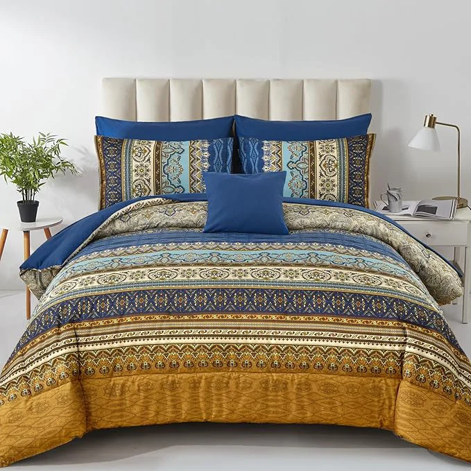 Detailed Cottolester Boho Comforter Set Full Size 8 Pieces Brown Blue Bohemian Comforter Paisley Striped Bed in A Bag Soft Microfiber Bedding Set for All Season Innovative