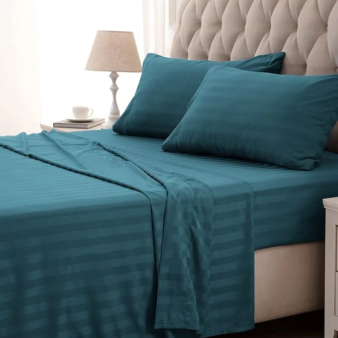 SLEEP ZONE Striped Cooling Sheets Set King Size – Fitted Flat Sheet amp Pillowcase Sets 4 Piece – Super Soft Stripe Bed Sheet Easy Care Deep Pocket Teal King Certified