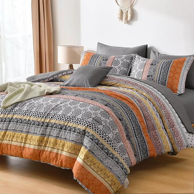 Premium Cottolester Boho Comforter Set Queen Size 8 Pieces Orange Bohemian Striped Bed in a Bag Paisley Soft Microfiber Bedding Comforter Set Exclusive