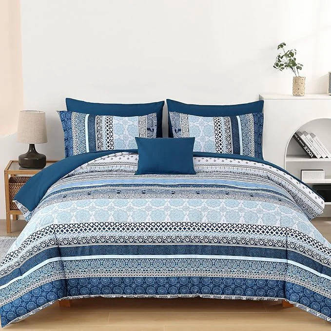Unique Boho Comforter Set Queen Size 8 Pieces Navy Blue Bohemian Striped Bed in a Bag Paisley Soft Microfiber Bedding Comforter Set Official