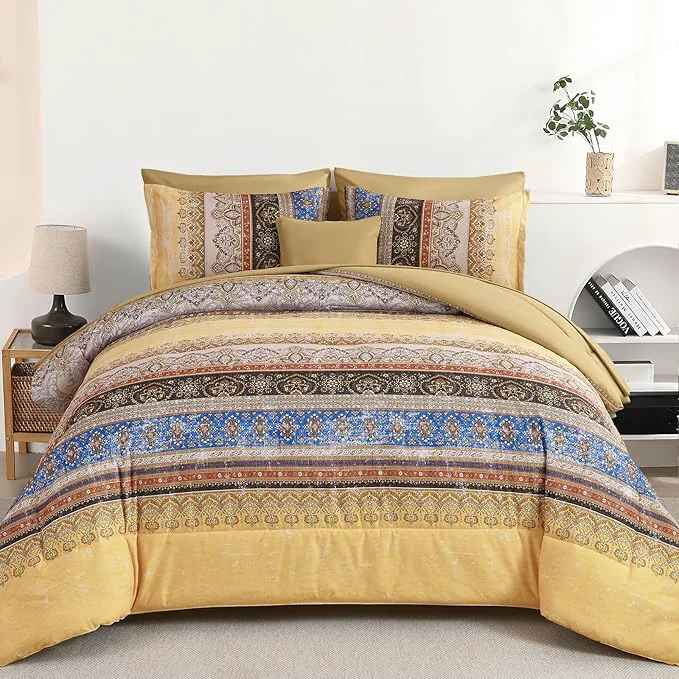 Consistent Cottolester Boho King Size Comforter Set 8 Pieces Yellow Bohemian Striped Bed in a Bag Paisley Soft Microfiber Bedding Comforter Set Healthy