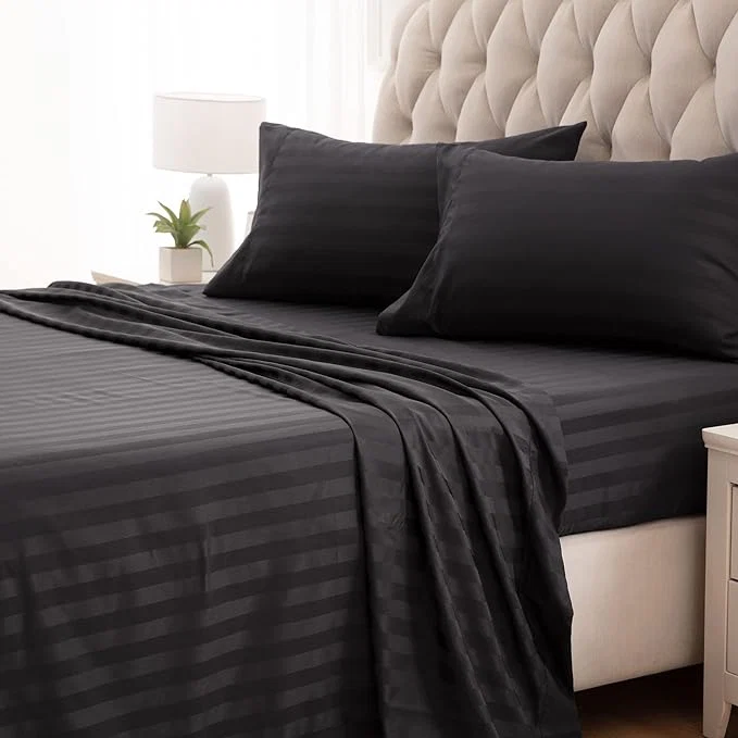 Smart SLEEP ZONE Striped Cooling Sheets Set Full Size – Fitted Flat Sheet amp Pillowcase Sets 4 Piece – Super Soft Stripe Bed Sheet Easy Care Deep Pocket Black Full User-Friendly