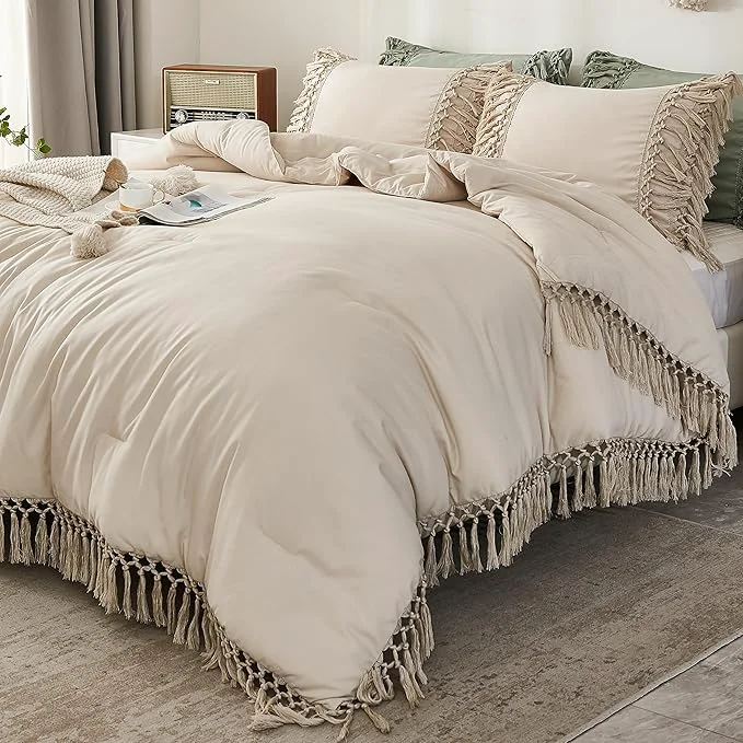 Sustainable Andency Beige Comforter Set California King 3 Pieces Boho Tassel Lightweight Soft Bedding Comforter Sets for King Bed All Season Fluffy Fringe Bed Set 104x96In Comforter amp 2 Pillowcases High-Performance