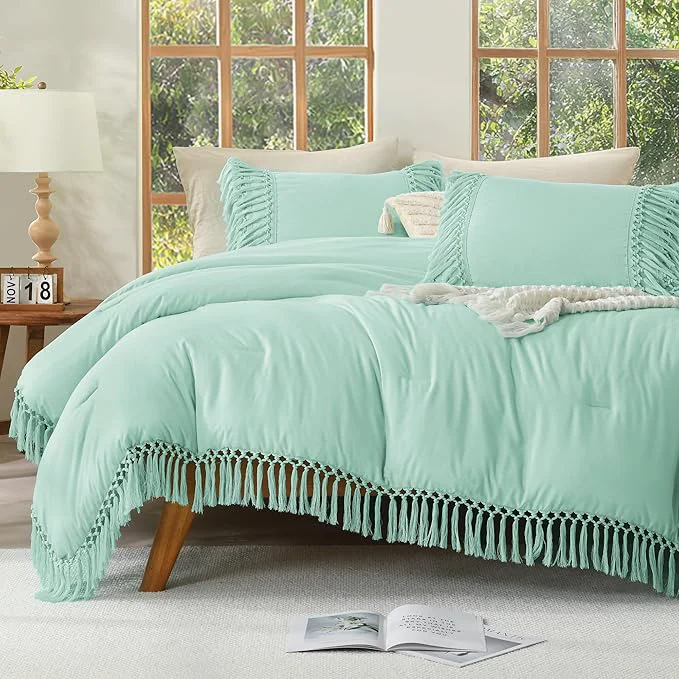 Sustainable Andency Mint Comforter Set California King 3 Pieces Boho Cal King Tassel Lightweight Soft Bedding Comforter Sets Oversized Bed Set 104x96In Comforter amp 2 Pillowcases Minimalist