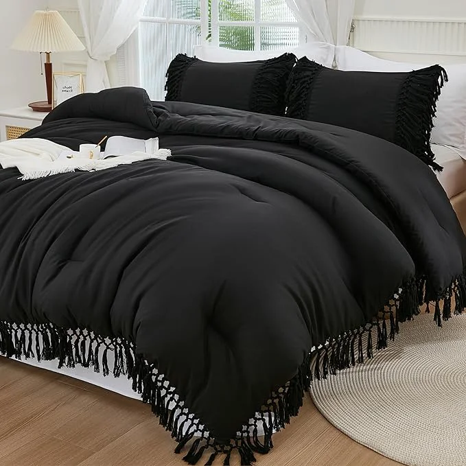 Selected Andency Black Comforter Set King 3 Pieces Boho Tassel Lightweight Soft Bedding Comforter Sets for King Bed All Season Fluffy Fringe Bed Set 104x90In Comforter amp 2 Pillowcases Professional