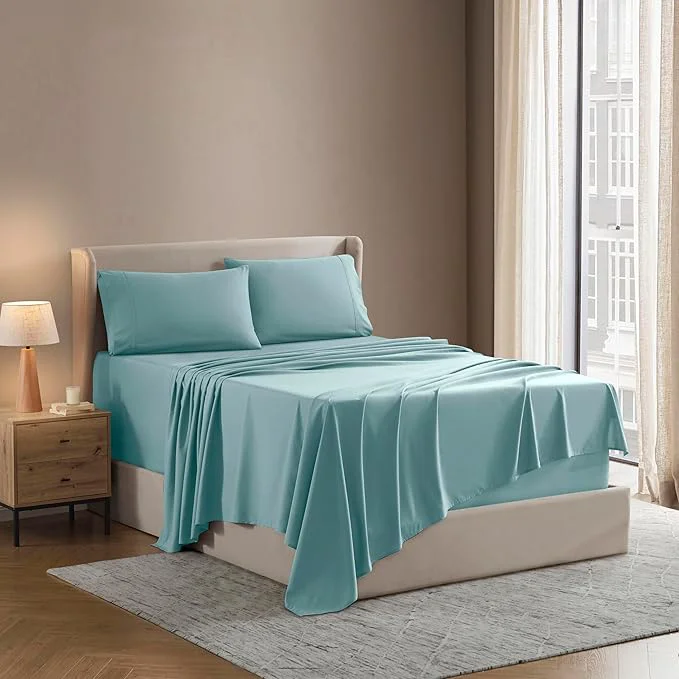 Solid Nestl Short Queen Sheet Set – 1800 Ultra-Soft Microfiber – Double Brushed – Deep Pockets – Easy Fit – 4 Piece Set – Bed Sheets Short Queen Light Blue Proven