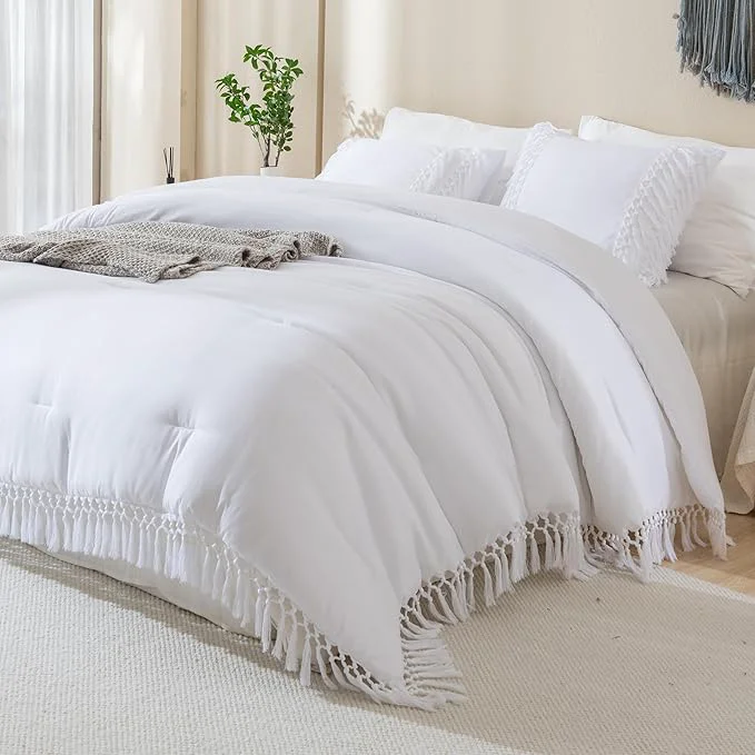 Exclusive Andency White Comforter Set California King 3 Pieces Boho Tassel Lightweight Soft Bedding Comforter Sets for King Bed All Season Fluffy Fringe Bed Set 104x96In Comforter amp 2 Pillowcases Fast