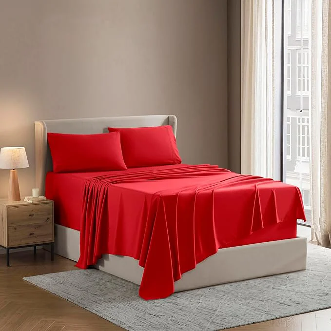 Premium Nestl Short Queen Sheet Set – 1800 Ultra-Soft Microfiber – Double Brushed – Deep Pockets – Easy Fit – 4 Piece Set – Bed Sheets Short Queen Red Excellent