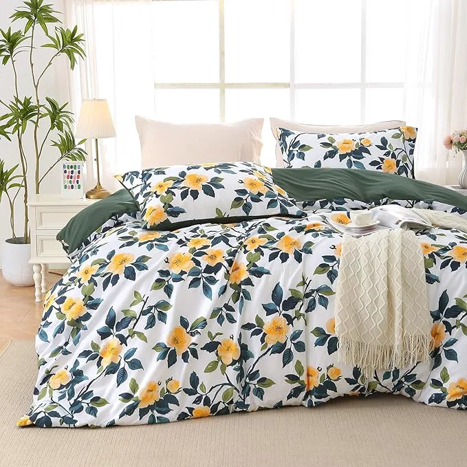 World-Class Duvet Cover King Size Reversible Floral Vintage Duvet Cover Set with Zipper Closure 3 Pieces Botanical Patterns Soft Microfiber Bedding Set 90 quot x104 quot 2 Pillow Cases 20 quot ×36 quot Winter Jasmine Green Efficient