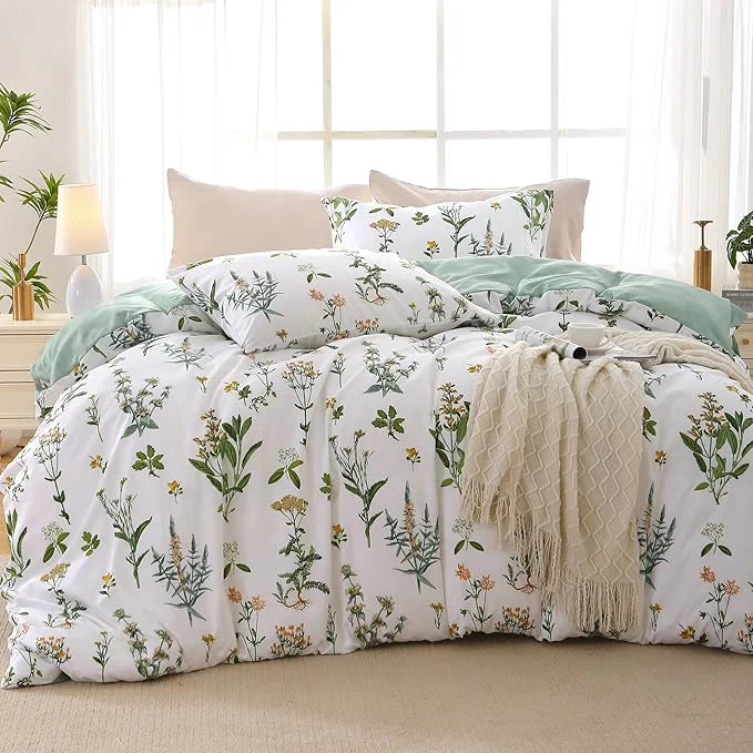 Relaxed MUXHOMO Duvet Cover King Size Reversible Floral Green Duvet Cover Set with Zipper Closure 3 Pieces Botanical Patterns Soft Microfiber Bedding Set with 4 Ties 90 quot x104 quot 2 Pillow Cases Carefully Designed