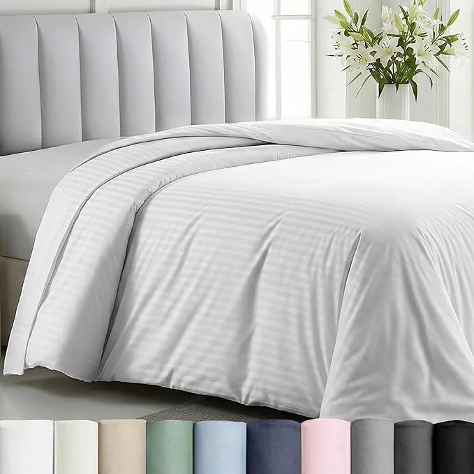 Fast California Design Den Striped White Duvet Cover Queen Full Only – Premium 400 Thread Count Cotton Duvet Cover Queen Sateen Queen Comforter Cover Button Closure and Corner Ties Striped White Effective