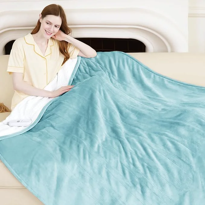 Certified Electric Blanket Heated Throw 50 quot x 60 quot – Soft Flannel Sherpa Heating Blanket with 5 Heating Levels amp 4 Hours Auto Off Heated Lap Blanket as a Gift for Grandma Machine Washable Blue Next-Generation