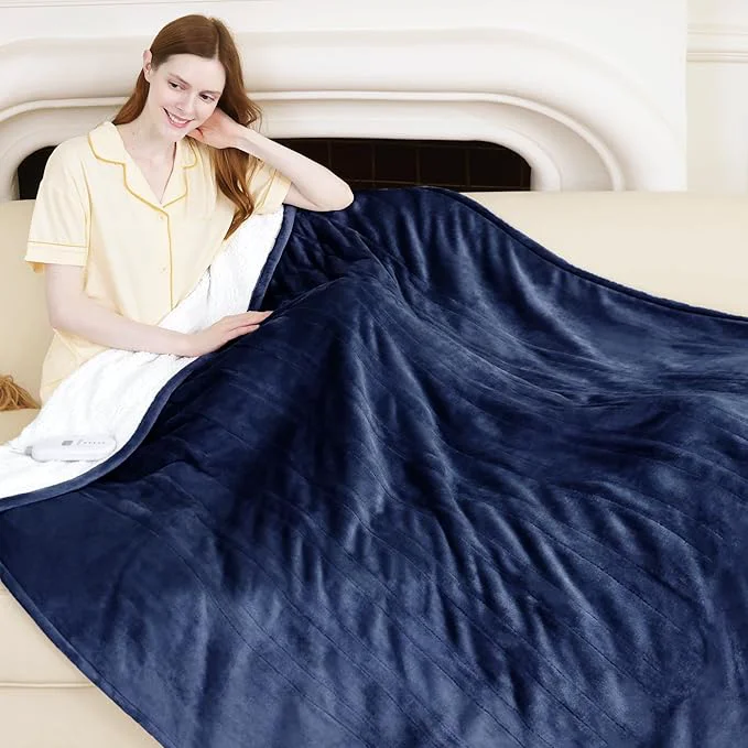 Sophisticated Heated Throw 50 quot x 60 quot – Soft Flannel Sherpa Electric Blanket with 5 Heating Levels amp 4 Hours Auto Off Heating Blanket Throw as a Gift for Grandma Machine Washable Navy Effective