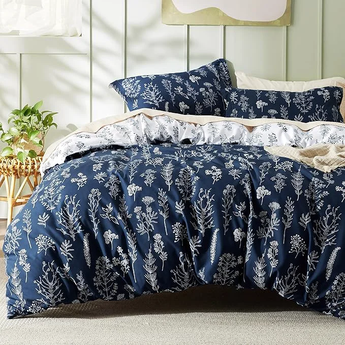 Pure Bedsure Duvet Cover Full Size – Reversible Navy Blue Full Duvet Cover Set with Zipper Closure 3 Pieces Cute Floral Botanical Bedding Set with 8 Corner Ties and 2 Pillow Shams Eco-Friendly