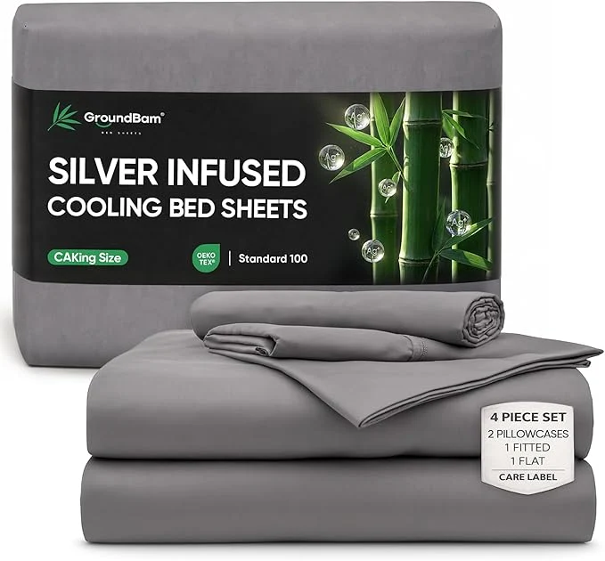 Expertly Made Silver Infused Bed Sheets Set Temperature-Regulating Fabric with Self-Cleaning Technology for 3X Freshness Sleep Grey Caking Crafted