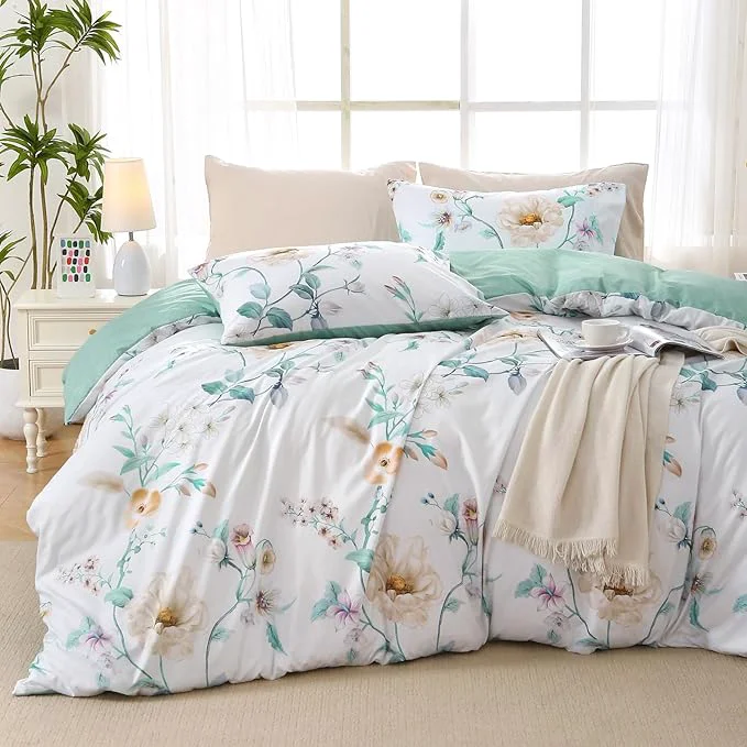 Secure MUXHOMO Duvet Cover Queen Size Reversible Floral Vintage Duvet Cover Set with Zipper Closure 3 Pieces Botanical Patterns Soft Microfiber Bedding Set 90 quot x90 quot 2 Pillow Cases Colorful Green Branch Lightweight