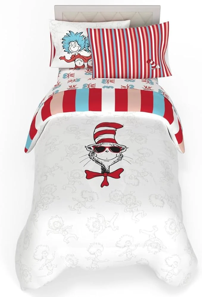 Secure Dr. Seuss Cat in The Hat Kids Bedding 5 Piece Twin Bed Set Soft Cozy Reversible Comforter and Sheet Set with Sham ly Licensed Product by Franco Reusable