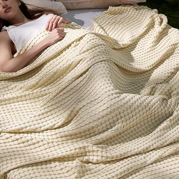 Advanced Bedsure Cooling Cotton Waffle King Size Blanket – Lightweight Breathable Blanket of Rayon Derived from Bamboo for Hot Sleepers Natural 104×90 Inches Reusable