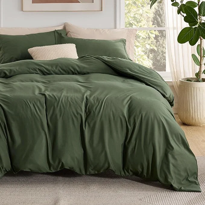 Organic Bedsure Duvet Cover with Fitted Sheet Queen – Cooling Deep Pocket Hotel Luxury Soft Double Brushed Bedding Set with Zipper Closure 1 Duvet Cover 1 Fitted Sheet 2 Pillow Shams NO Comforter Green Crafted