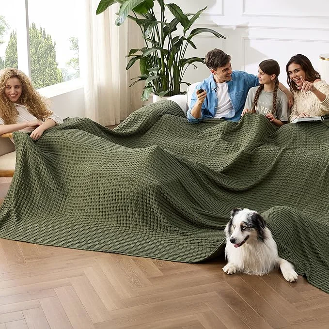 Genuine Bedsure Cooling Cotton Waffle Oversized King Blanket – Lightweight Breathable Rayon Derived from Bamboo for Hot Sleepers Luxury Throws for Bed and Sofa Olive Green 120×96 Inches