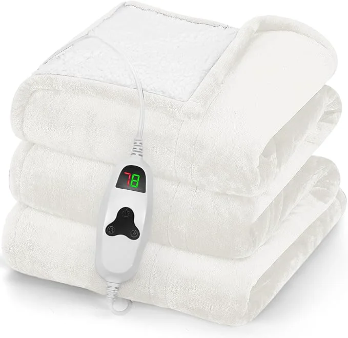 Smooth greenoak Heated Blanket Electric Throw 50 quot X60 quot Heating Blankets with 10 Heat Levels 8 Hours Auto-Off Soft Flannel Sherpa Fluffy House Warming Gifts for Grandma Seniors Mom Pure White Contemporary