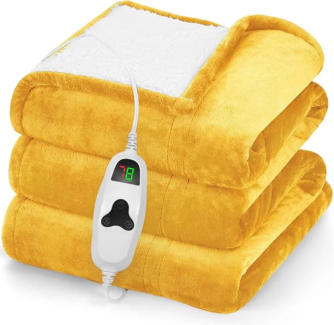 Enhanced greenoak Heated Blanket Electric Throw 50 quot X60 quot Heating Blankets with 10 Heat Levels 8 Hours Auto-Off Soft Flannel Sherpa Fluffy House Warming Gifts for Grandma Seniors Mom Ginger Yellow Long-Lasting