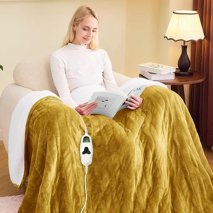 Modern greenoak Heated Blanket Electric Full 72 quot X84 quot Heating Blankets with 10 Heat Levels 8 Hours Auto-Off Soft Flannel Sherpa Fluffy House Warming Gifts for Grandma Seniors Mom Brownish Yellow Comfortable