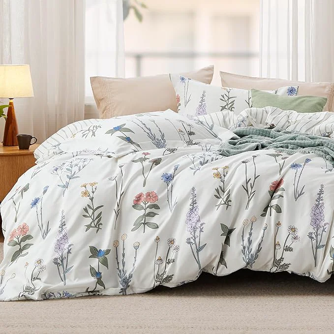 Eco-Friendly Bedsure Duvet Cover Queen Size – Reversible Cute Floral Duvet Cover Set with Zipper Closure 3 Pieces White Bedding Set with 8 Corner Ties and 2 Pillow Shams 20 quot x26 quot Minimalist