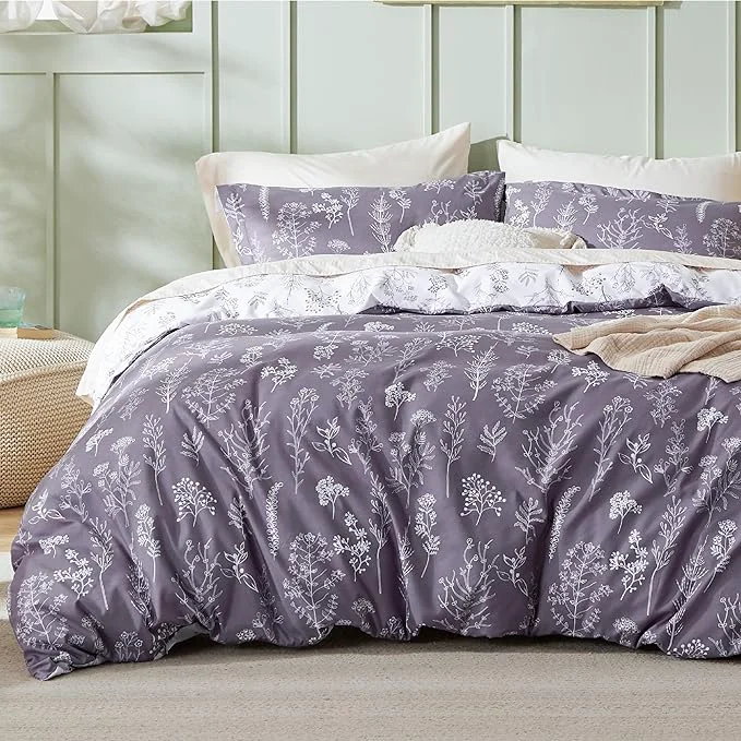 Certified Bedsure Duvet Cover King Size – Reversible Grayish Purple King Duvet Cover Set with Zipper Closure 3 Pieces Cute Floral Patterned Bedding Set with 8 Corner Ties and 2 Pillow Shams Smooth