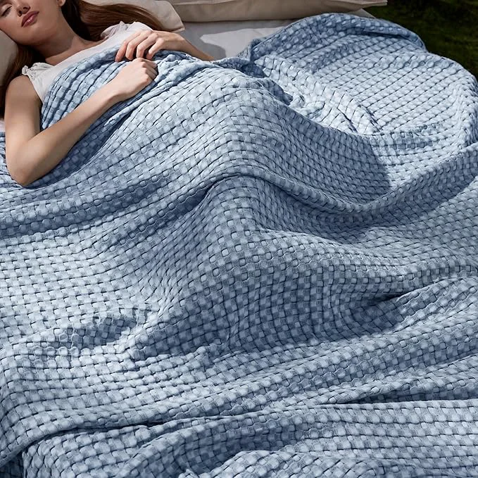 Crafted Bedsure Cooling Cotton Waffle Full Size Blanket – Lightweight Breathable Blanket of Rayon Derived from Bamboo for Hot Sleepers Luxury Throws for Bed Couch and Sofa Dusty Blue 80×90 Inches Convenient