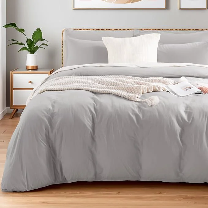 Certified NEXHOME PRO Duvet Cover Set Queen Size Linen Feel Textured Organic Natural Washed Cotton Duvet Cover 3 Pieces Bedding Set with Zipper Closure Breathable Soft Light Grey No Comforter High-Performance