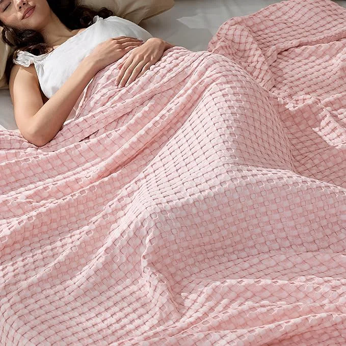 Consistent Bedsure Cooling Cotton Waffle Queen Size Blanket – Lightweight Breathable Blanket of Rayon Derived from Bamboo for Hot Sleepers Spring Pink 90×90 Inches Natural
