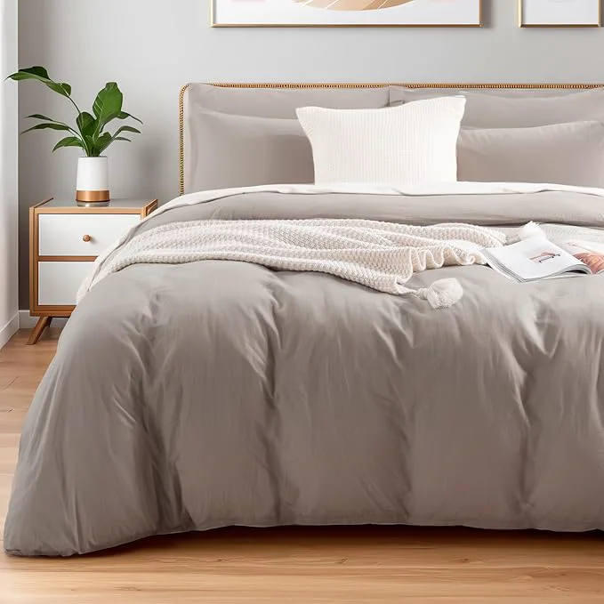 Exceptional NEXHOME PRO Duvet Cover Set Queen Size Linen Look Textured Organic Natural Washed Cotton Duvet Cover Linen Grey 3 Pieces Bedding Set with Zipper Closure Breathable Soft No Comforter Contemporary