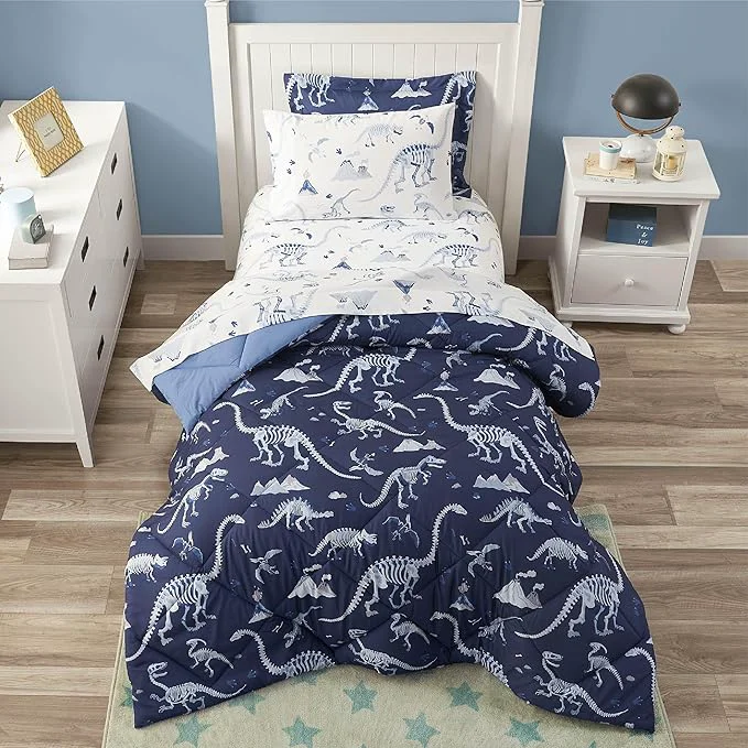 Specialty Blue Dinosaur Queen Comforter Set for Boys 7 Pieces Kids Bedroom Bedding with Sheets and Pillowcase Super Soft Lightweight for All Season Machine Washable Expertly Made