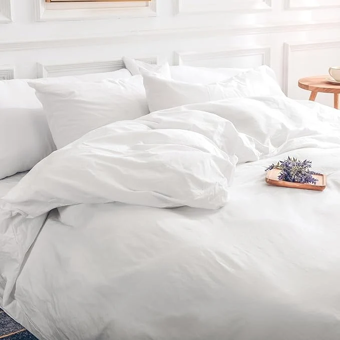 Smooth NEXHOME PRO Cotton Duvet Cover Queen Size White Organic Natural Linen Feel Washed Cotton 3 Pieces Bedding Set with Zipper Closure amp Corner Ties Breathable No Comforter Advanced