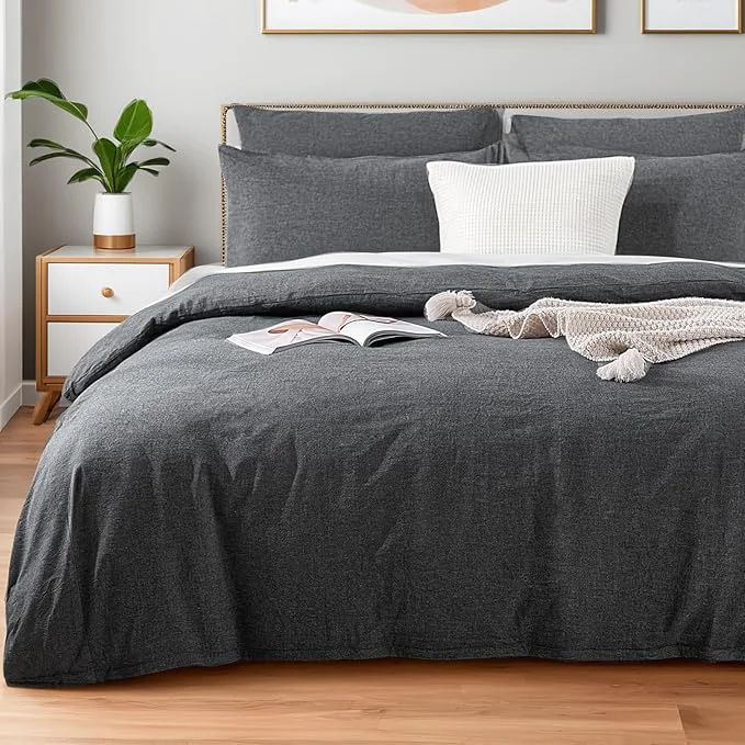 Pure NEXHOME PRO Duvet Cover Twin Washed Cotton Organic Natural Linen Like Textured Breathable Durable Bedding Set Heather Black 6890 Certified