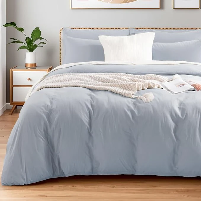 Clean NEXHOME PRO Queen Duvet Cover Set Washed Cotton with Linen-Like Texture Natural Organic Breathable amp Comfortable Includes Home Bedding Set Cornflower Blue No Comforter 9090 Specialty