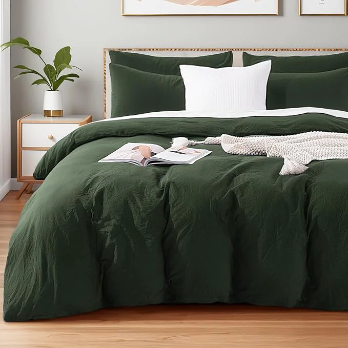 Reliable NEXHOME PRO Full Duvet Cover Set – Organic Cotton with Washed Feel amp Linen-Like Texture Comfortable amp Breathable Home Bedding Set Olive Green No Comforter Casual
